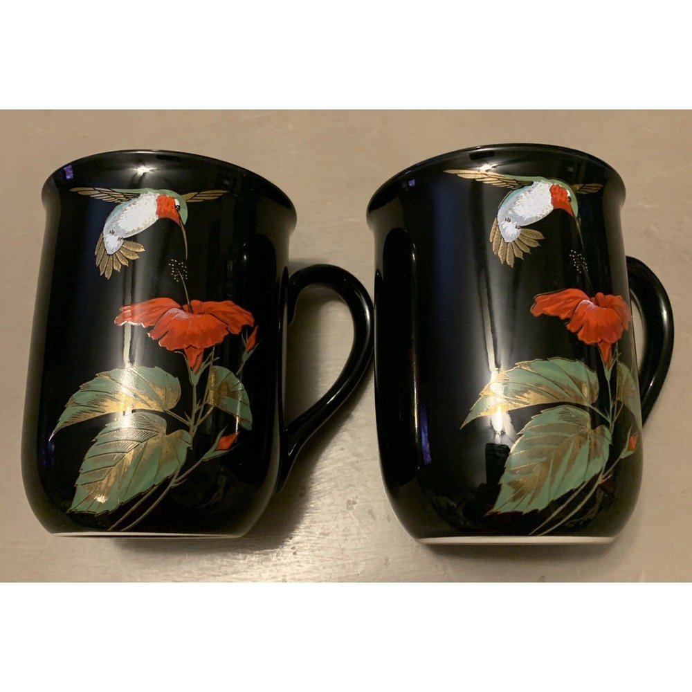 2 Otagiri Japan Hummingbird Mug Gibson Greeting Cards Black Red Gold Rim 4" 9 oz